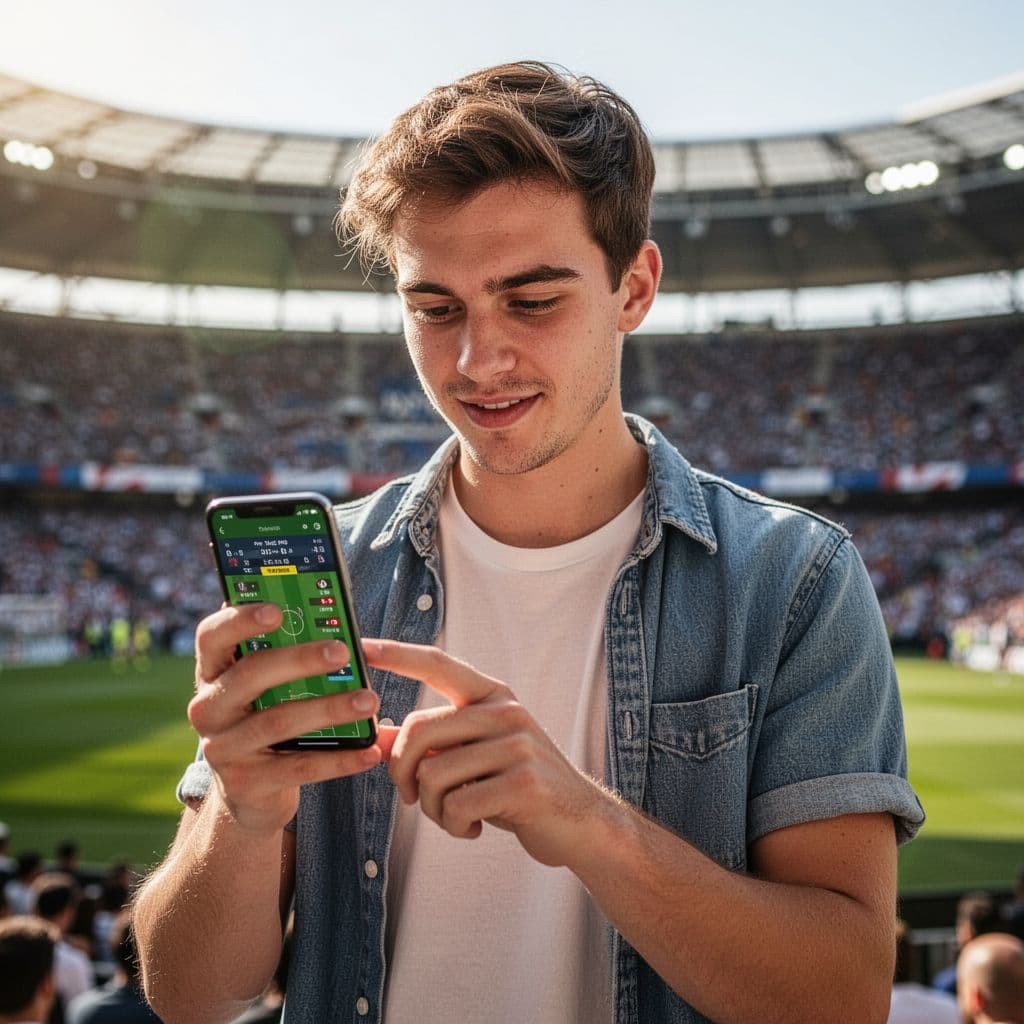 Soccer fan views scores on smartphone with blurred stadium stands in daylight.