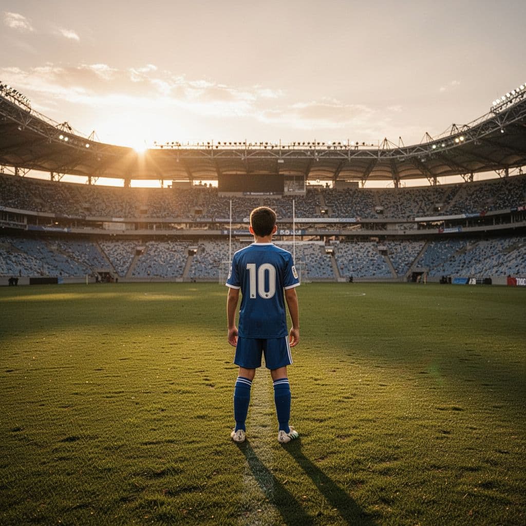 A young athlete stands on a football pitch gazing at a professional stadium during a golden sunset.
