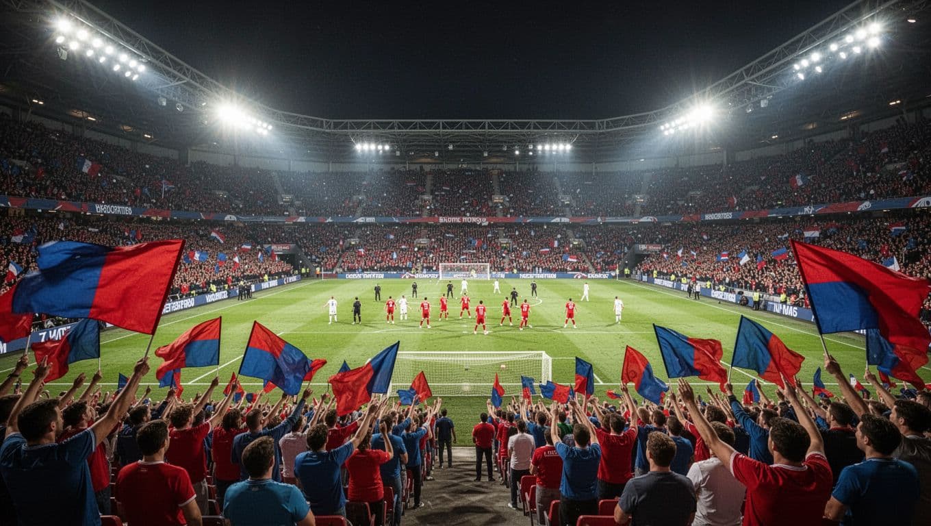 Estadio El Sadar at night packed with Osasuna fans waving red and blue flags, floodlights on pitch with warming players.