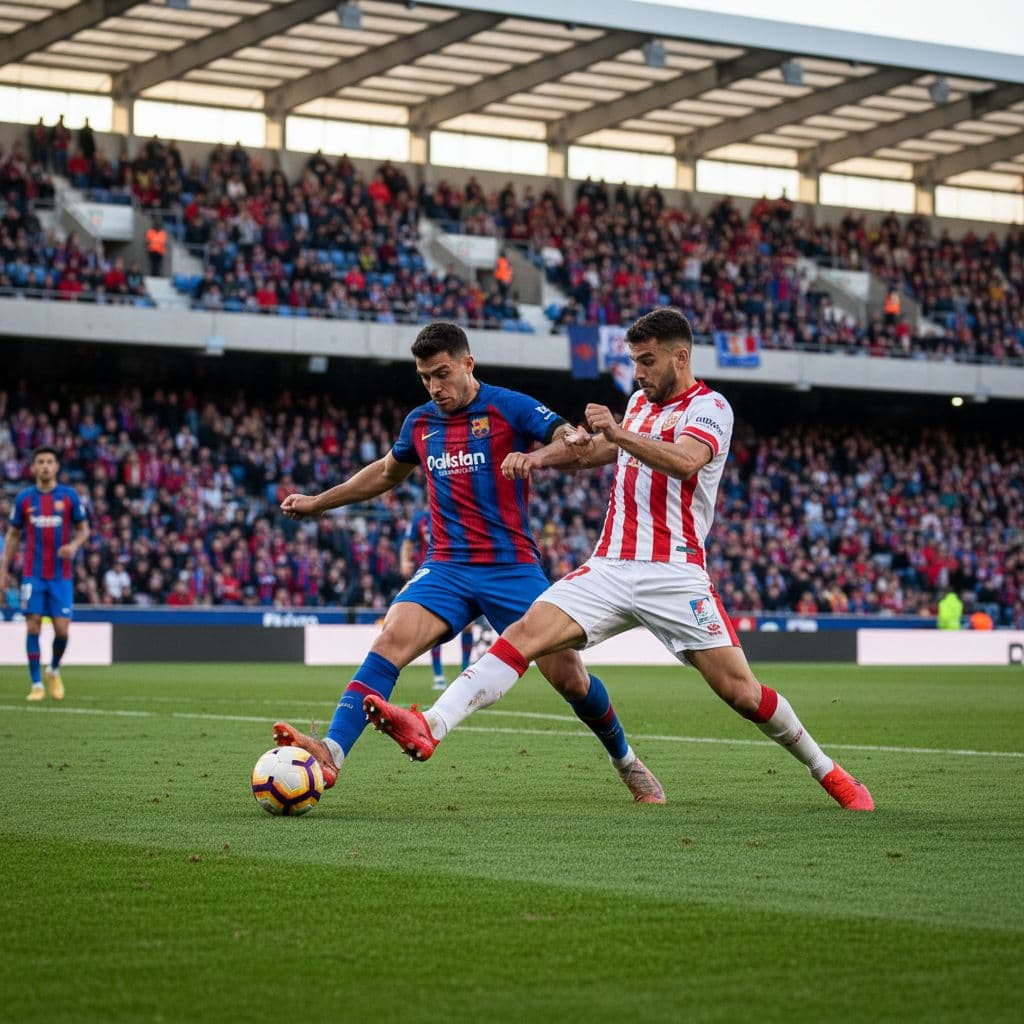 Two players duel for the ball on grass at El Sadar stadium, blurred crowd in daylight background.