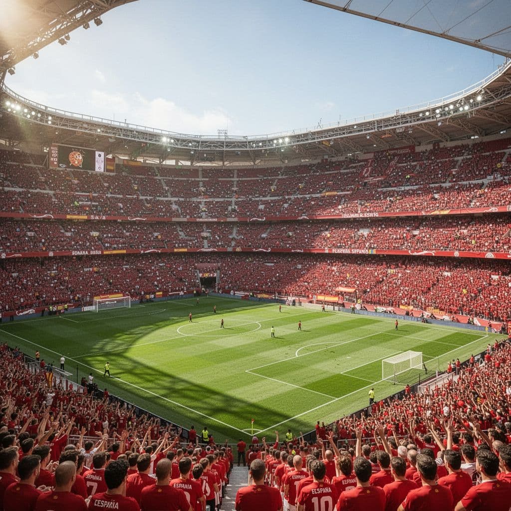 Wide-angle view of El Sadar football stadium with green pitch and stands full of red-wearing crowd on sunny day.