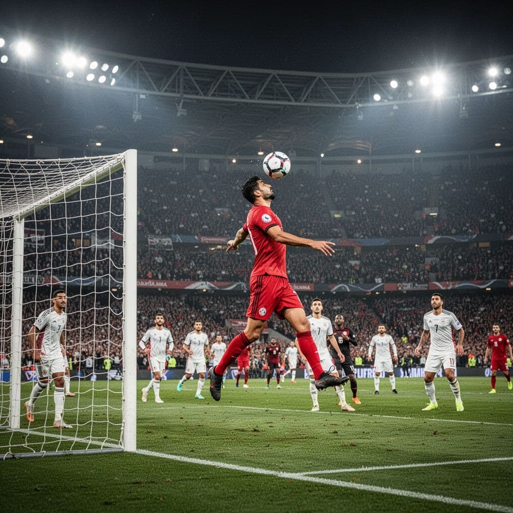 Seorang atlet sepak bola mengenakan jersey merah tim nasional Mesir melompat tinggi untuk menyundul bola ke arah gawang lawan. Latar belakang stadion besar dipenuhi ribuan penonton dalam suasana pertandingan yang sangat intens.