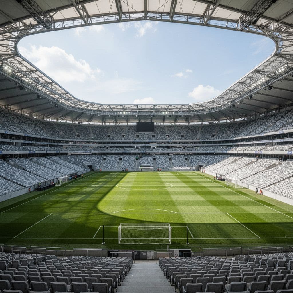 A wide view of the professional soccer pitch inside a modern, empty stadium under bright daylight.