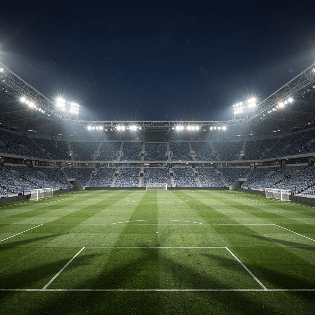 The empty green pitch of a professional football stadium is illuminated by bright overhead floodlights at night.