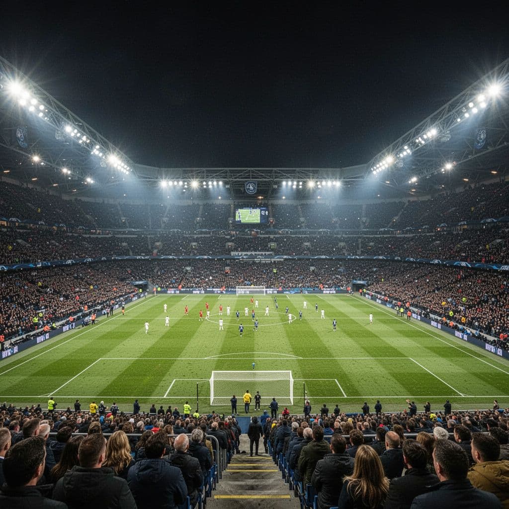 A wide view of the illuminated Emirates Stadium pitch under bright floodlights during a night game.