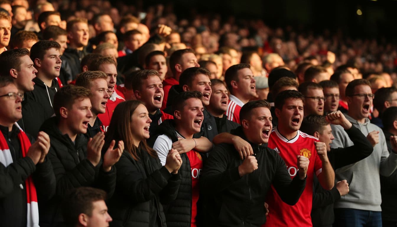 A group of football supporters in a stadium section showing emotional expressions while cheering.