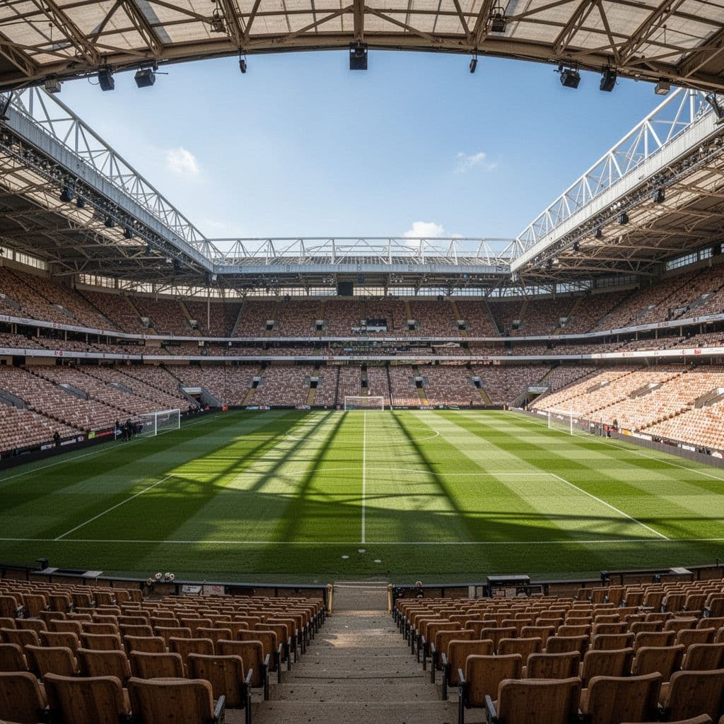 A wide view of the pristine green pitch and empty seating inside Anfield stadium under a clear sky.
