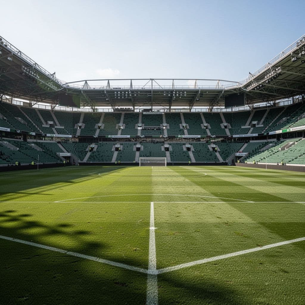 Wide shot of empty professional soccer stadium pitch with lush green grass in bright daylight.