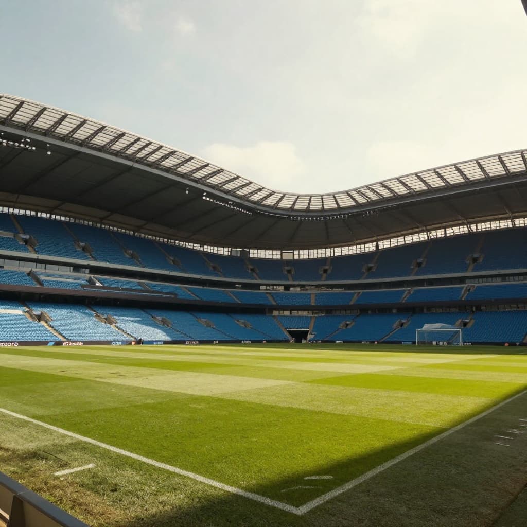 An empty football stadium pitch bathed in the soft warm light of late afternoon.