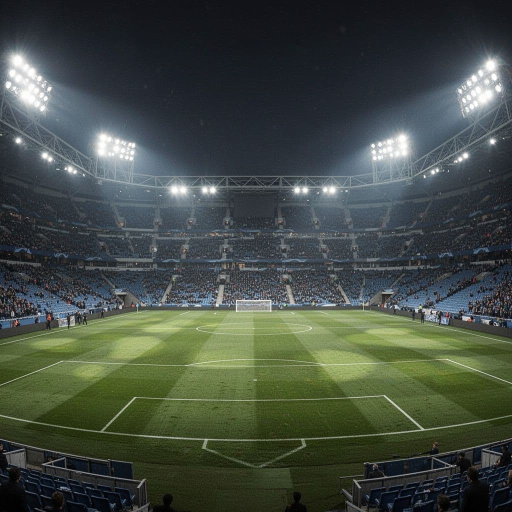 A wide view of a vacant football pitch illuminated by bright overhead floodlights at night.