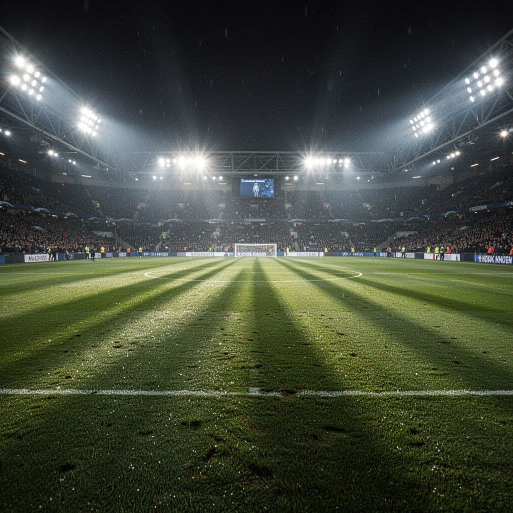 An empty professional football field is illuminated by bright stadium floodlights against a dark night sky.