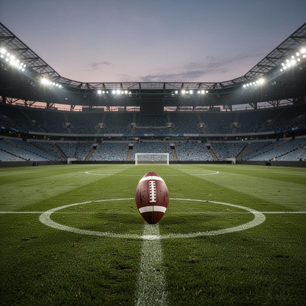 A single football rests in the center circle of a grassy stadium pitch under glowing floodlights.