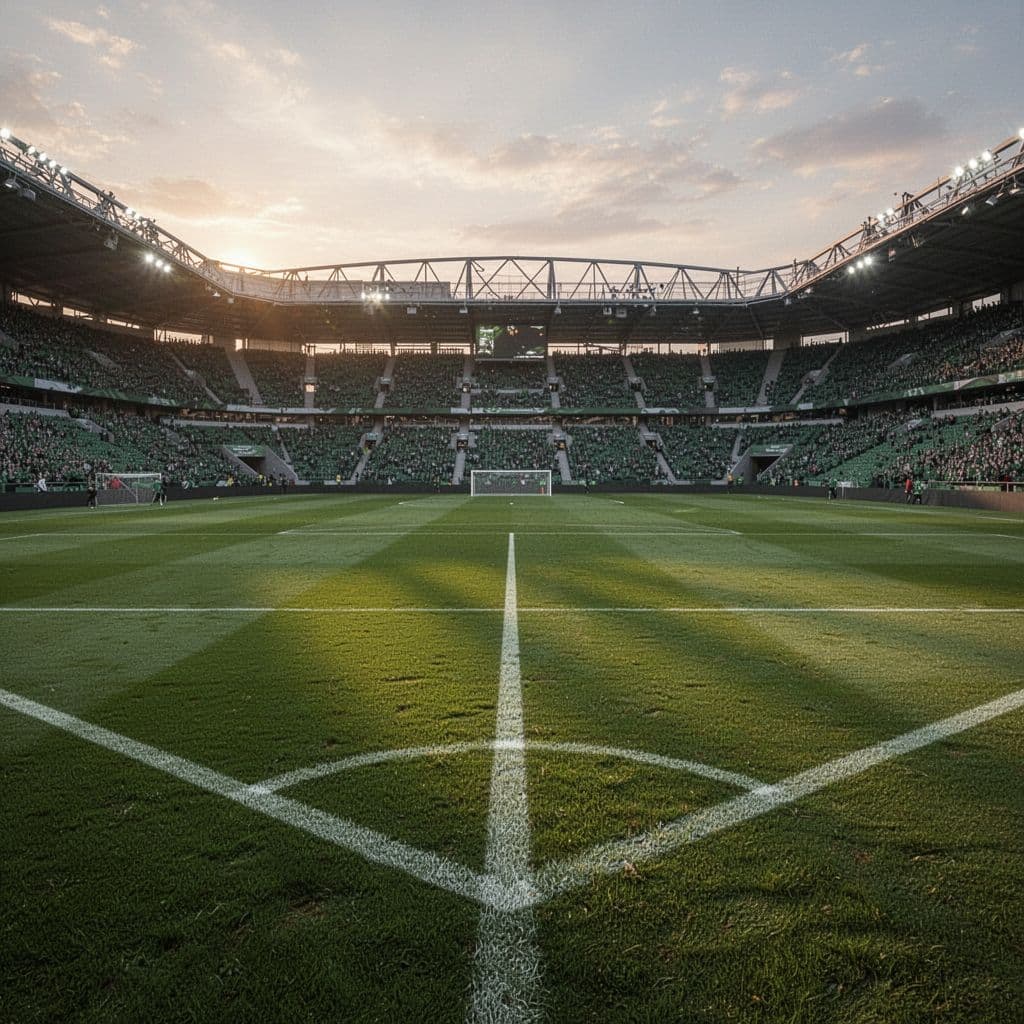 An empty professional football field with vibrant green grass illuminated by the soft light of sunset.