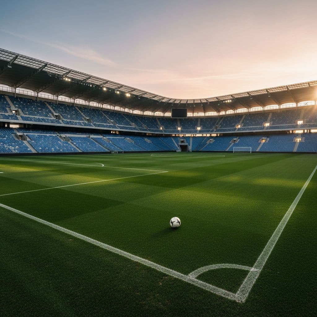 A single football sits at the center of a perfectly manicured stadium pitch under morning light.