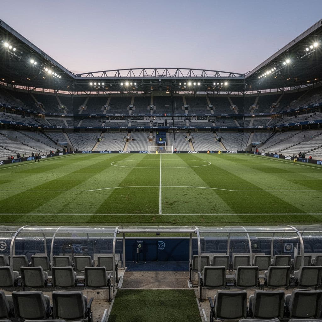 A view of an empty professional football pitch from the team bench at dusk.