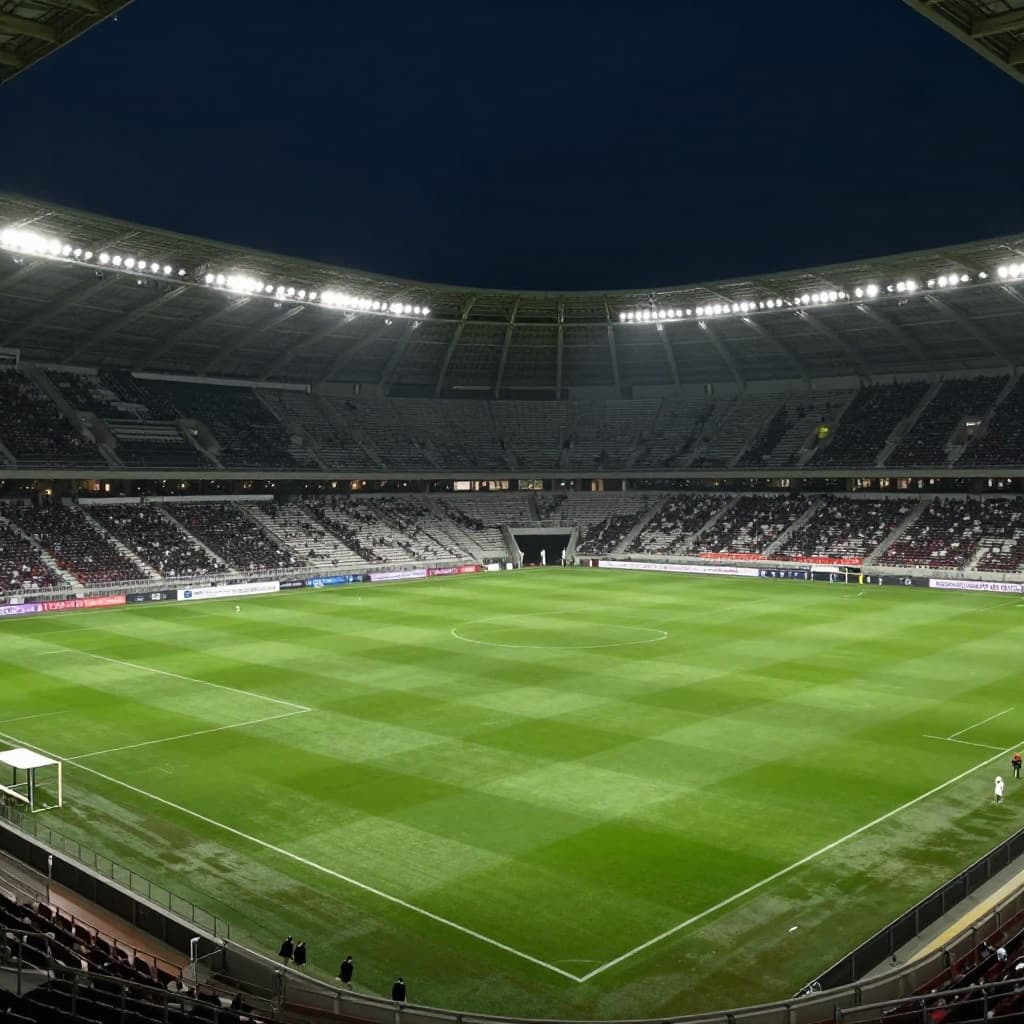 A vacant professional football pitch sits under dramatic stadium lighting at dusk.