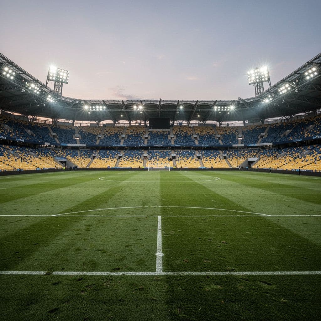 A pristine football pitch is illuminated by stadium lights under a twilight sky with empty colorful seating.
