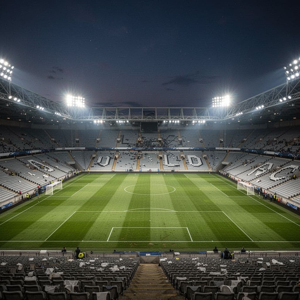 An empty football stadium illuminated by bright floodlights under the night sky.
