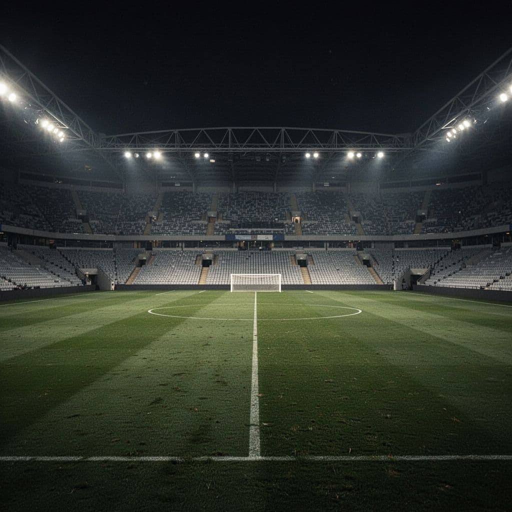 A quiet, dimly lit football stadium with an empty pitch and rows of vacant seating.