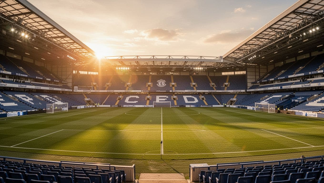 A pristine, empty football stadium pitch bathed in the warm, golden light of a setting sun.