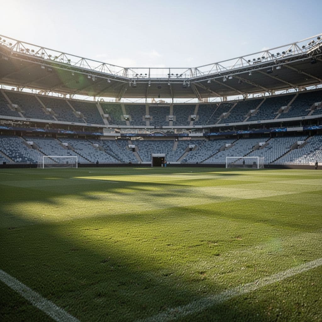 Empty football stadium with blurred grass field in bright daylight.
