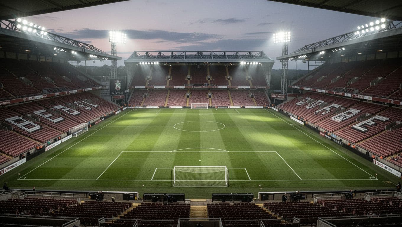 Empty green pitch in professional football stadium under bright evening floodlights, viewed from high stands.