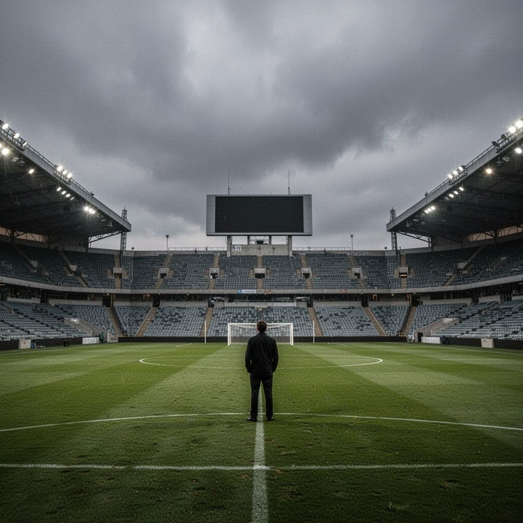 Nearly empty football stadium with green pitch under gloomy sky, one person on field looking at scoreboard.