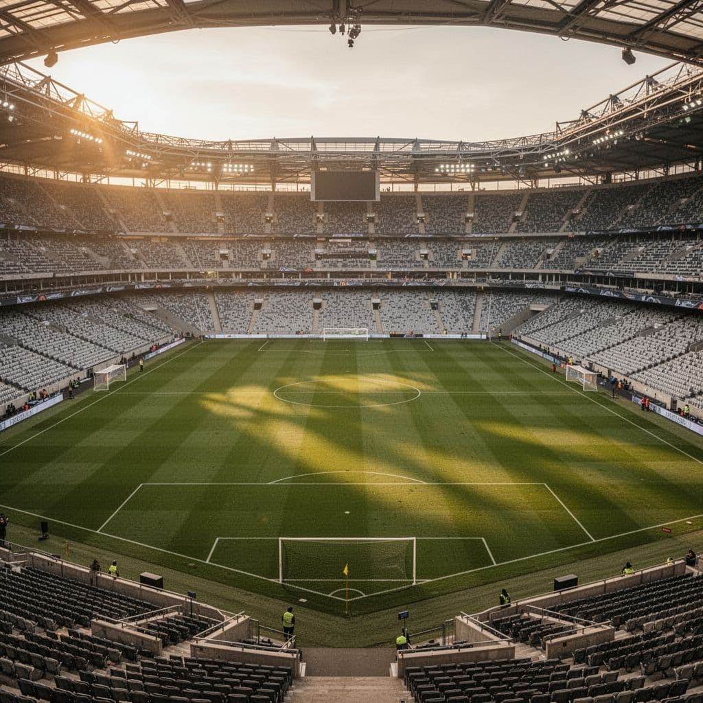 High-angle view of empty professional football stadium at golden hour, green pitch and vacant stands.