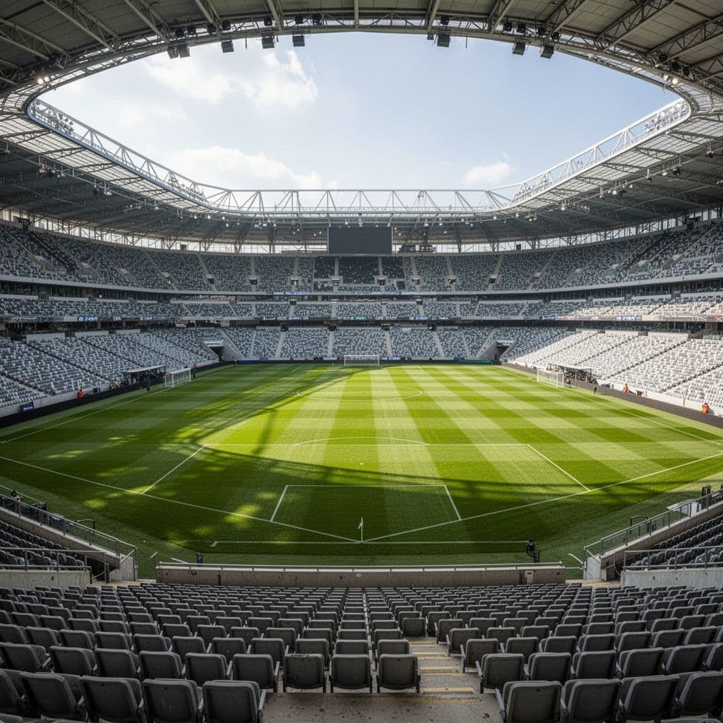A wide view of a pristine empty football pitch under bright natural daylight.