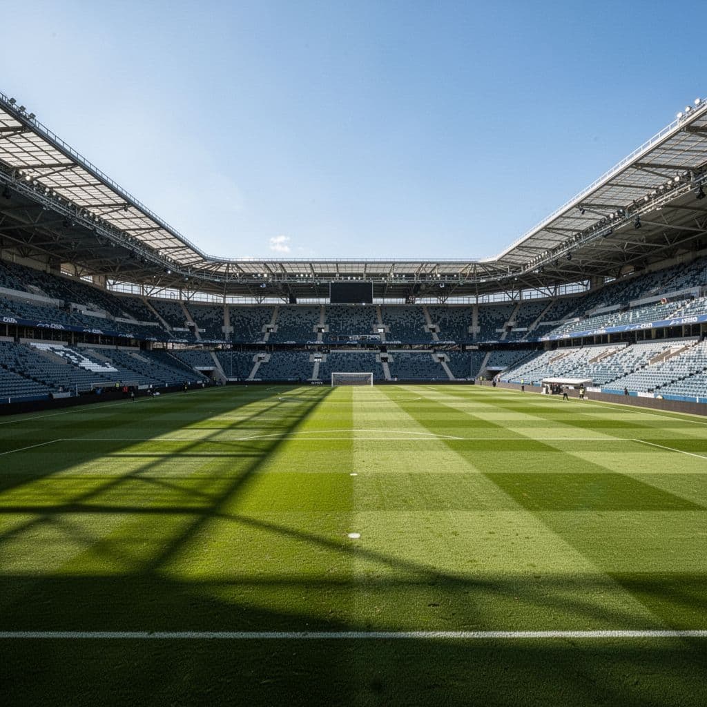 Empty professional football stadium with green pitch and stands under clear blue sky.