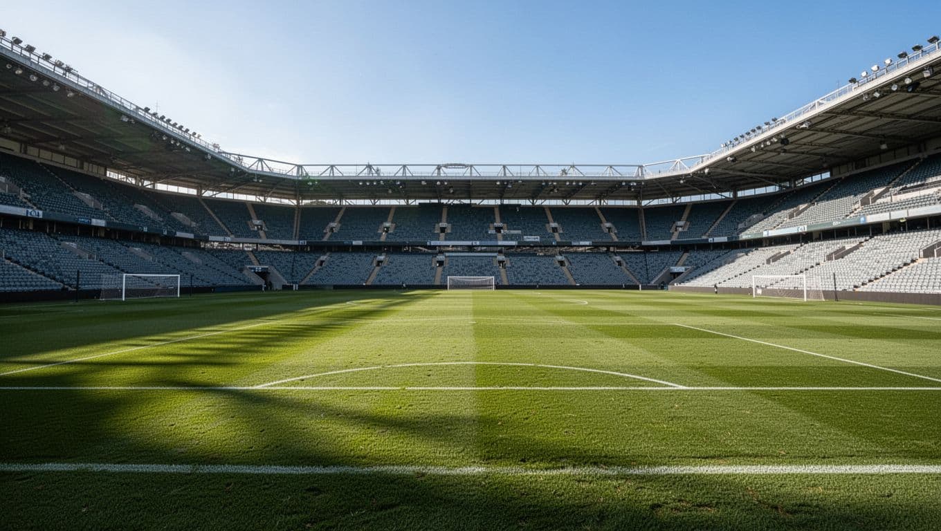 Empty professional football stadium with green pitch under clear sky.
