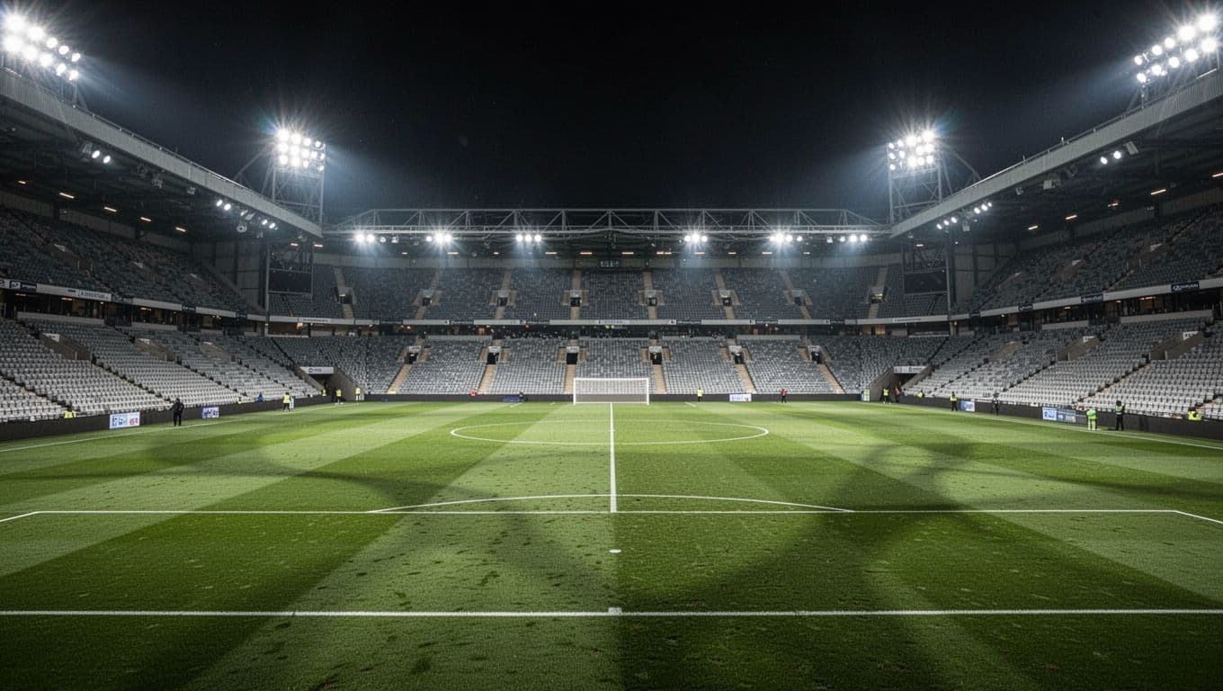 Massive stadium floodlights illuminate the perfectly manicured green grass of an empty football pitch at night. Endless rows of vacant seats surround the field in this vast, quiet arena setting.