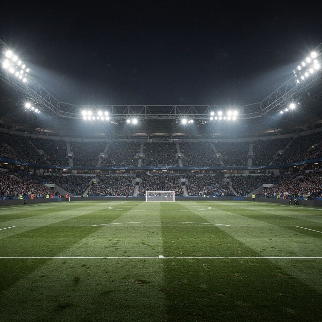 Bright floodlights illuminate a pristine green football pitch inside a quiet, empty stadium at night.