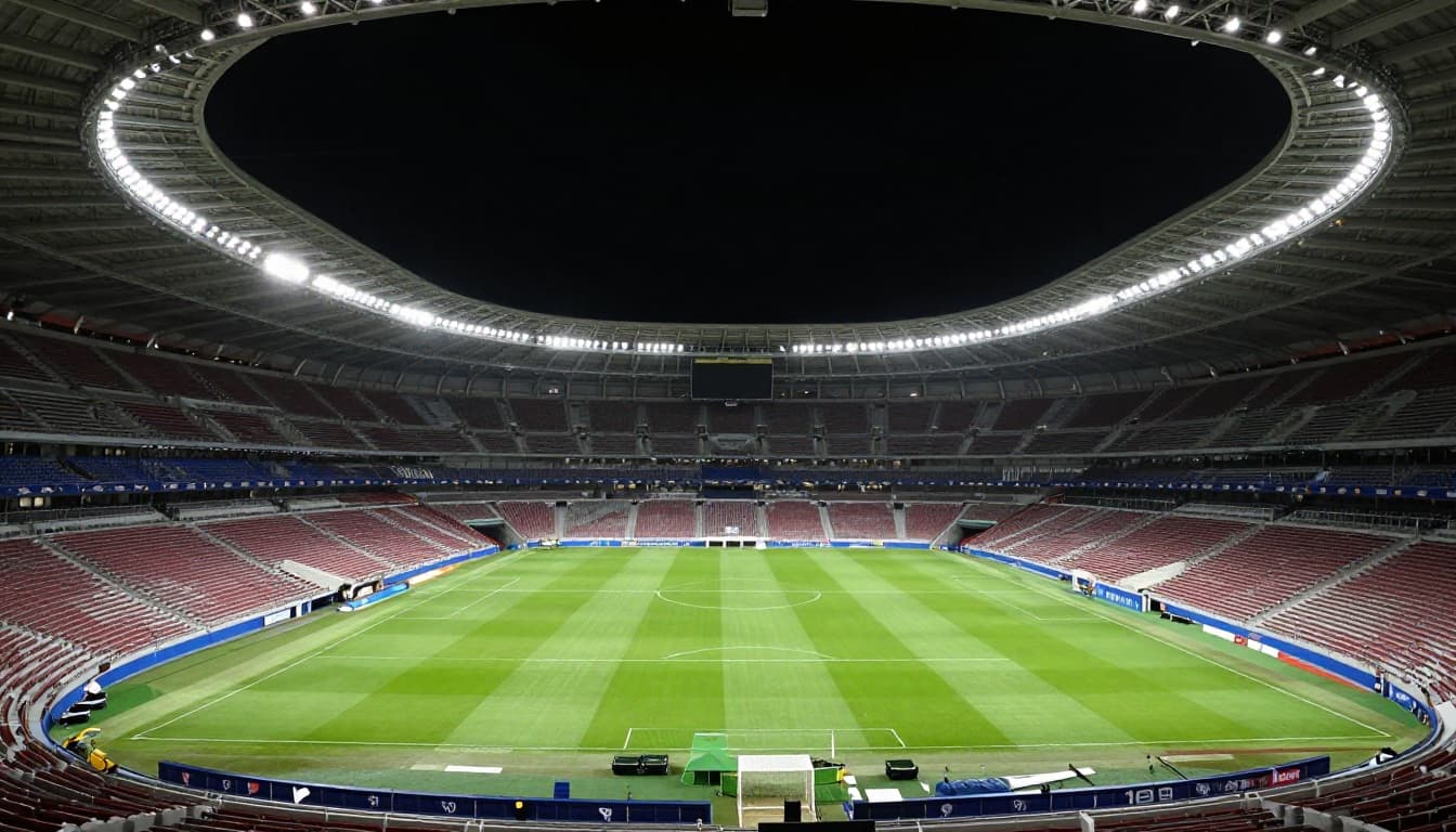 An empty football pitch sits under the glowing floodlights of a vast, silent stadium at night.