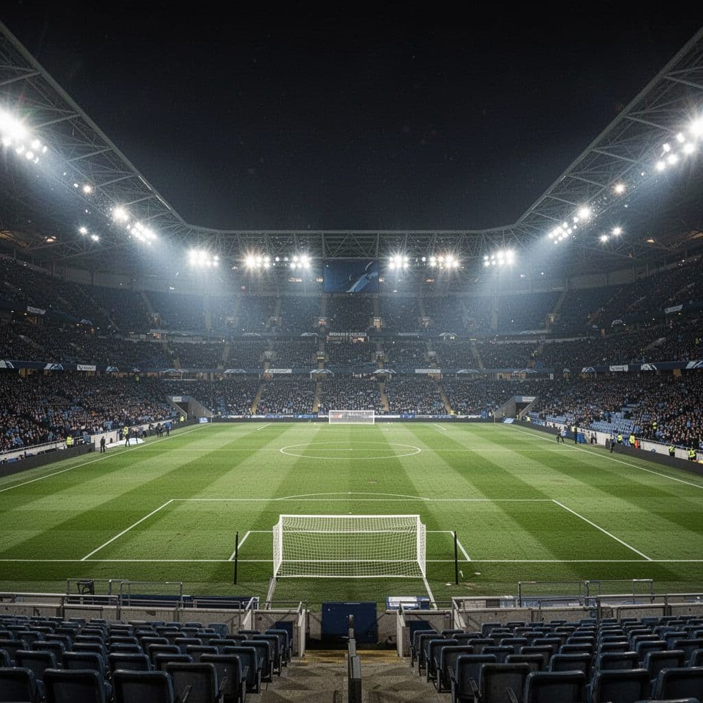A wide angle view of an empty professional football pitch under glowing stadium lights at night.