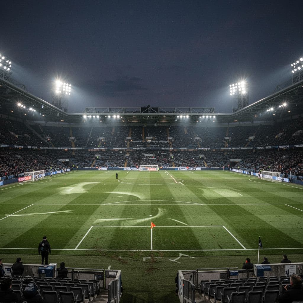 An empty football stadium pitch illuminated by bright overhead floodlights at night.