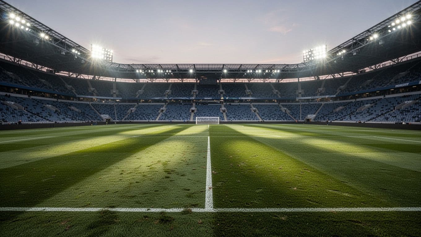A wide angle view of a football pitch illuminated by bright stadium lights during an evening match.