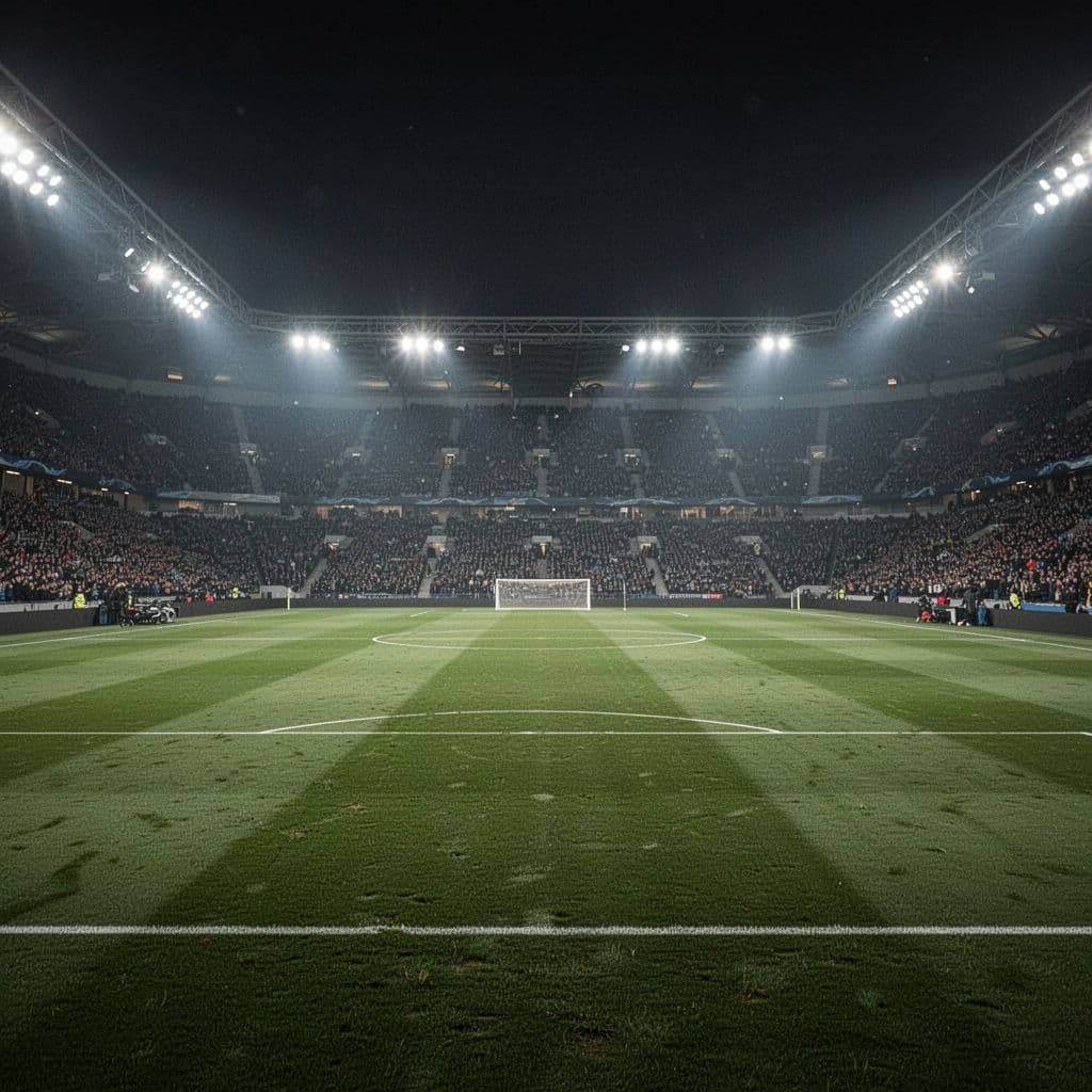 An illuminated green football pitch is surrounded by empty stadium stands under dark night sky.