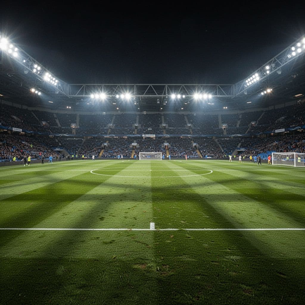 Vibrant green grass covers the center of a massive professional stadium under bright floodlights at night. The seating bowls are completely empty, highlighting the pristine condition of the playing surface.
