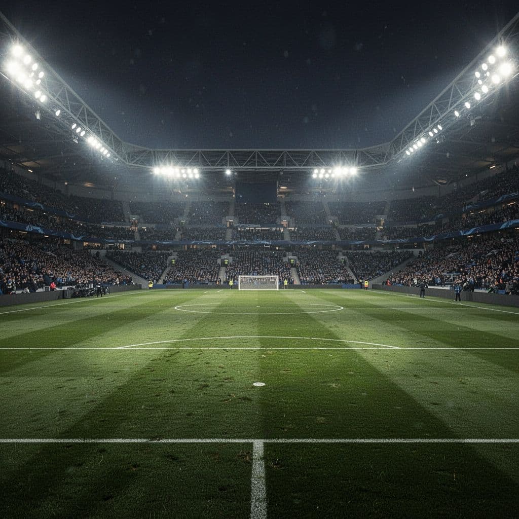 A pristine football pitch sits under bright stadium lights inside an empty professional arena.