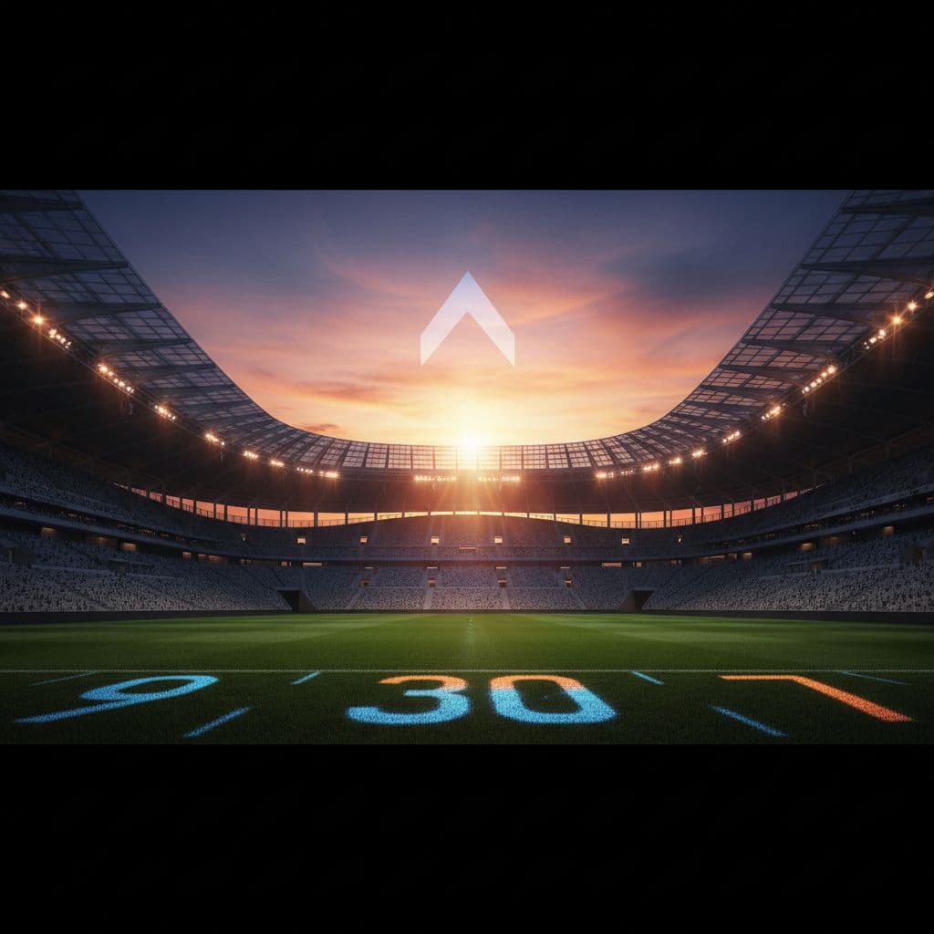 Wide-angle view of an empty professional football stadium at sunset with green grass pitch.