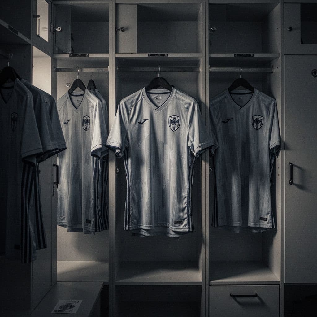 Empty sports jerseys hang in individual lockers within a dimly lit, professional football team room.