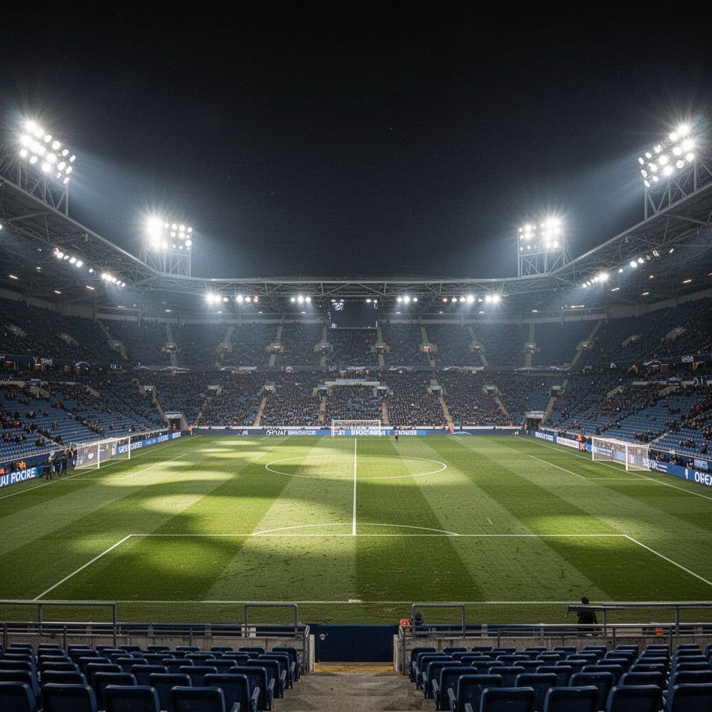 Stadion sepak bola besar di Prancis saat malam hari dengan lampu sorot yang terang, lapangan rumput hijau yang rapi, tampak dari sudut pandang penonton tribun, tidak ada orang, tidak ada teks, gaya fotografi realistis.
