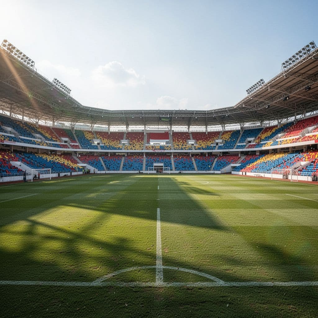 Empty Indonesian football stadium with perfect green grass and colorful team seats on a bright sunny day.