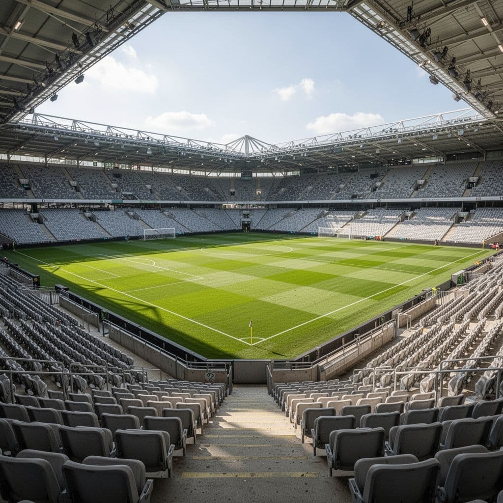 Modern football stadium with pristine green pitch, viewed widely from empty stands in bright daylight.