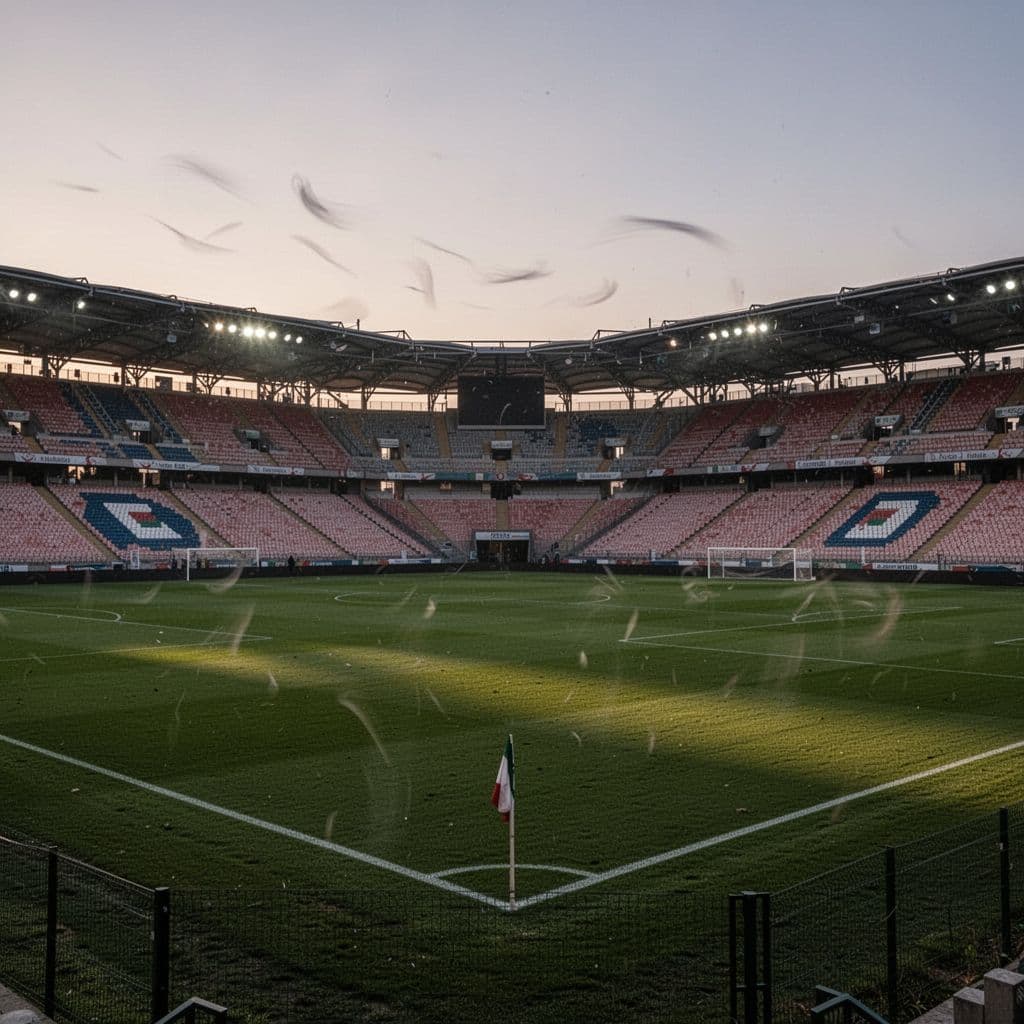 Wide blurry shot of vacant seats and grass field in Italian football stadium at twilight.