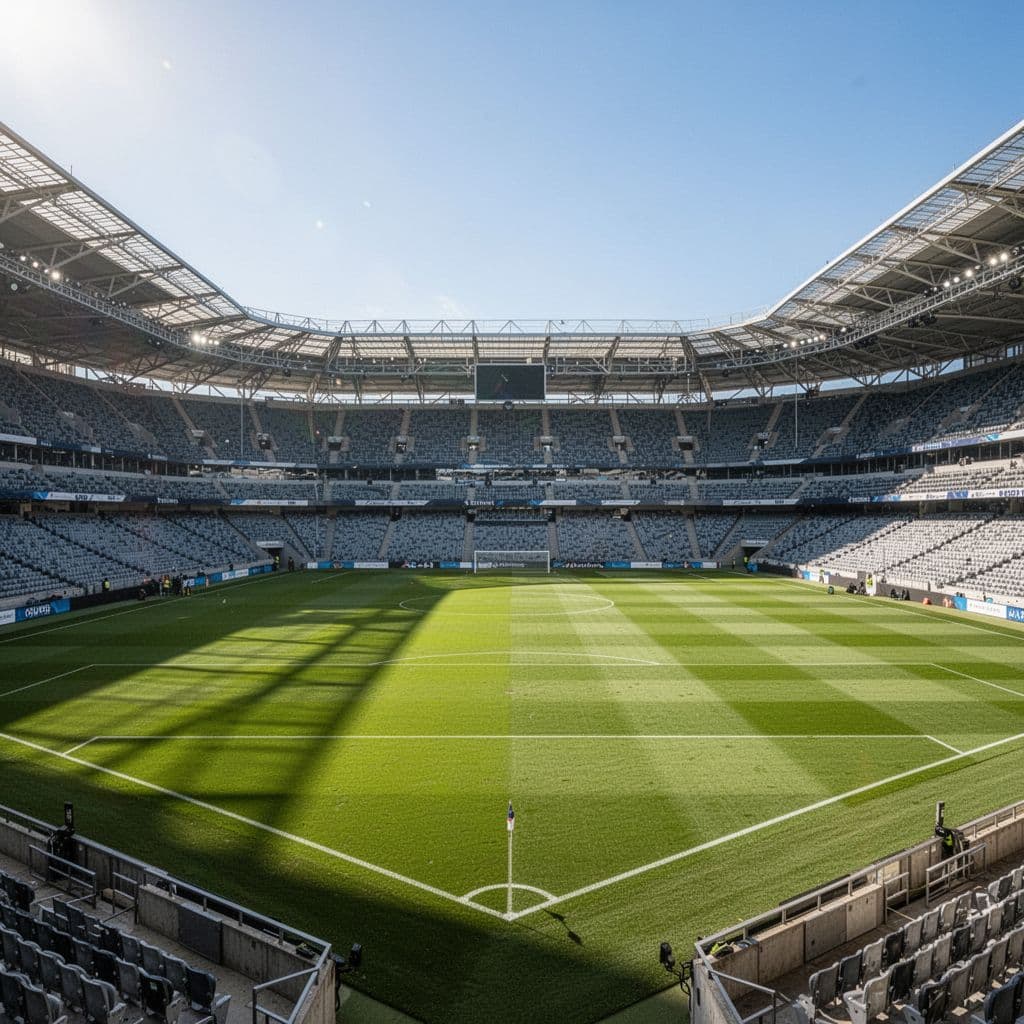 A wide view of an empty professional football stadium with a vibrant green pitch under bright sunlight.