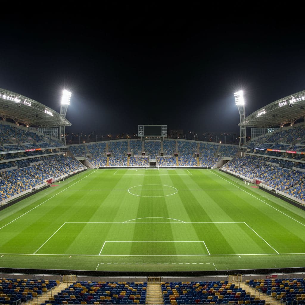 Suasana pertandingan sepak bola internasional di stadion besar dengan pencahayaan malam yang terang.