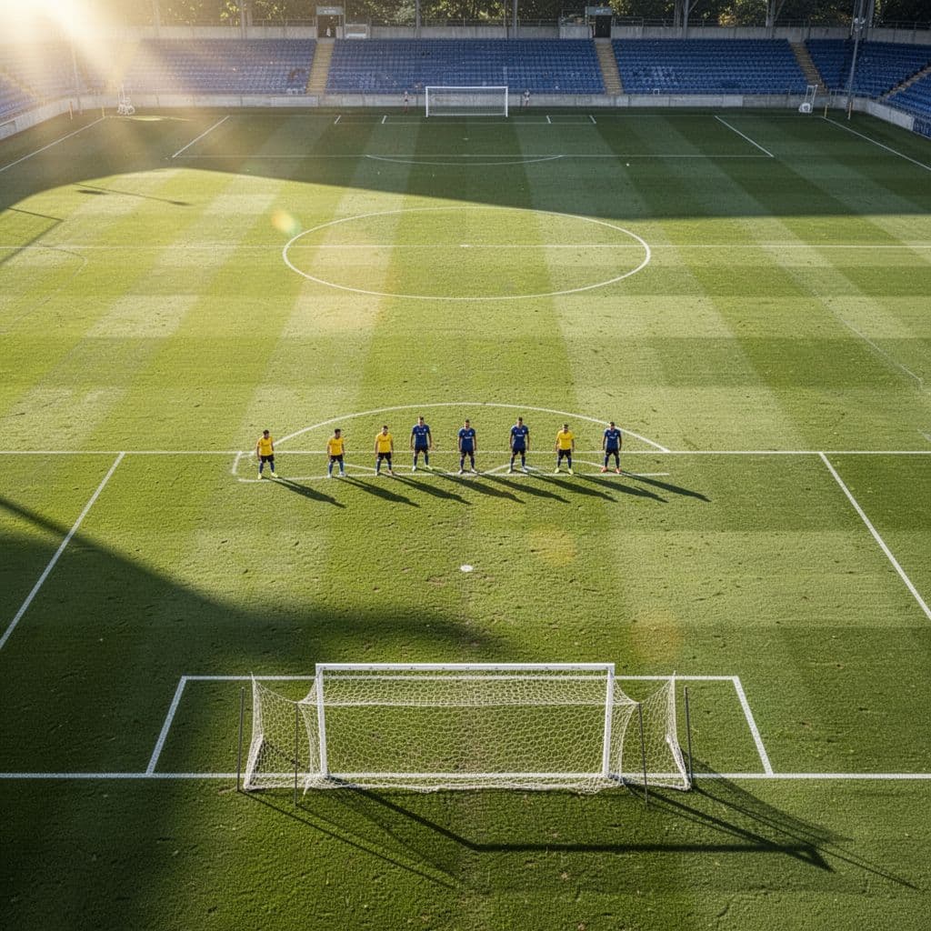 A wide-angle view of a pristine green soccer field prepared for a defensive formation.