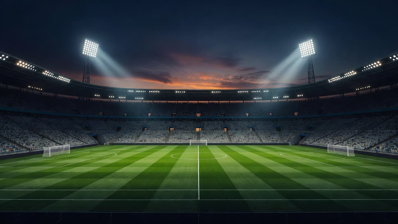 Bright floodlights illuminate the lush, meticulously groomed grass pitch of a massive stadium during the evening. The grand architecture of the empty stands glows under the dramatic, cinematic night lighting.